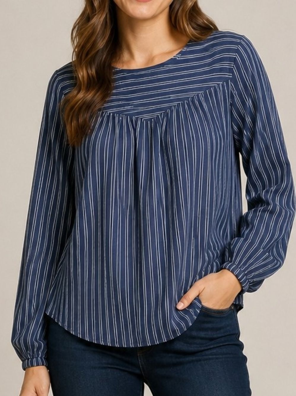 NWT Lee Shape Illusions Blue Striped Long Sleeve Blouse Sm Cotton Blend Peasant